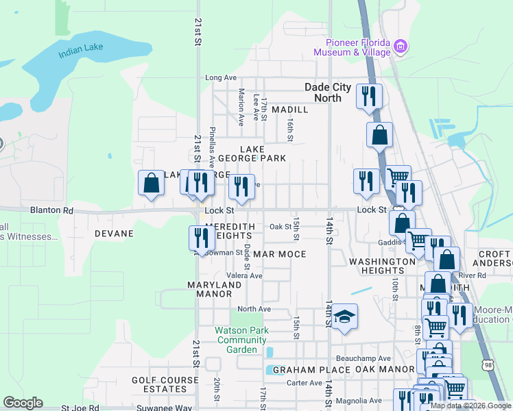 map of restaurants, bars, coffee shops, grocery stores, and more near 37209 Lock Street in Dade City