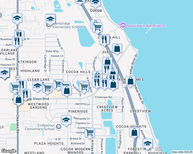 map of restaurants, bars, coffee shops, grocery stores, and more near 901 Westview Drive in Cocoa