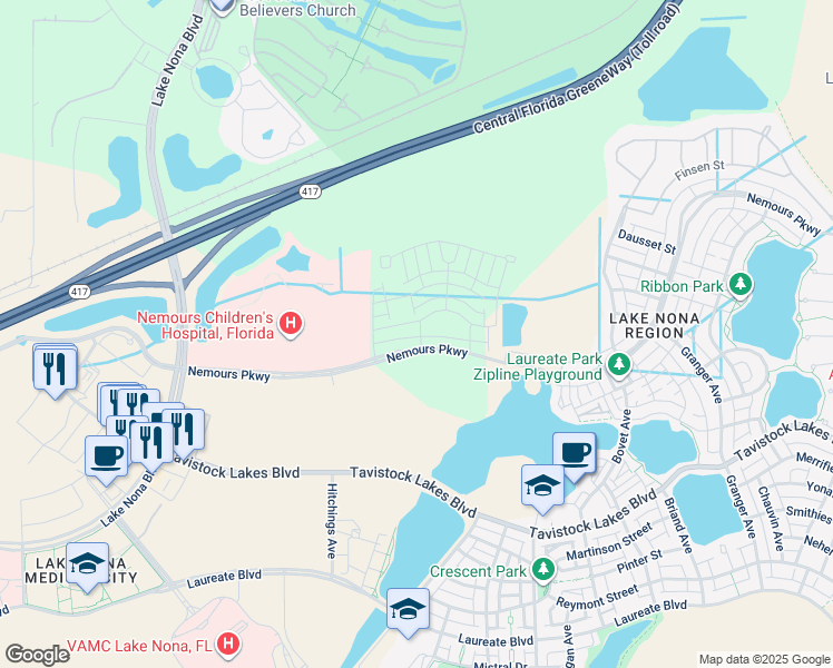 map of restaurants, bars, coffee shops, grocery stores, and more near 6889 Higgs Alley in Orlando