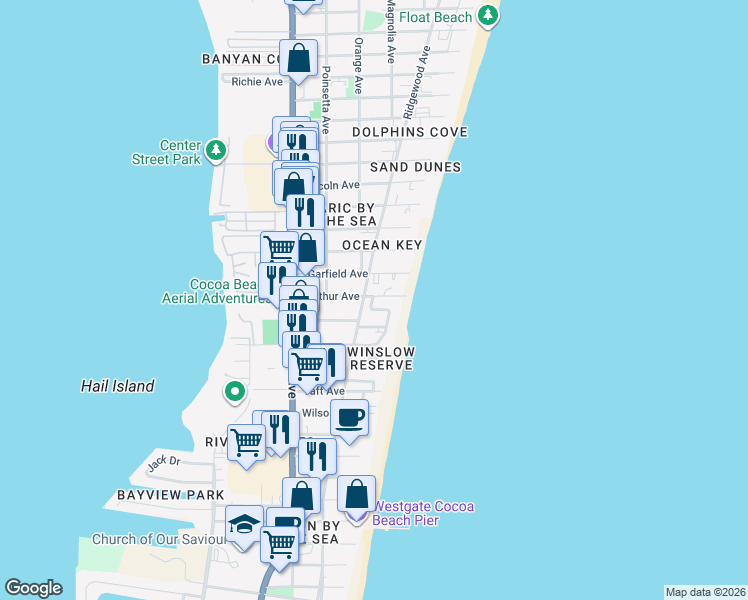 map of restaurants, bars, coffee shops, grocery stores, and more near 6507 Ridgewood Avenue in Cocoa Beach
