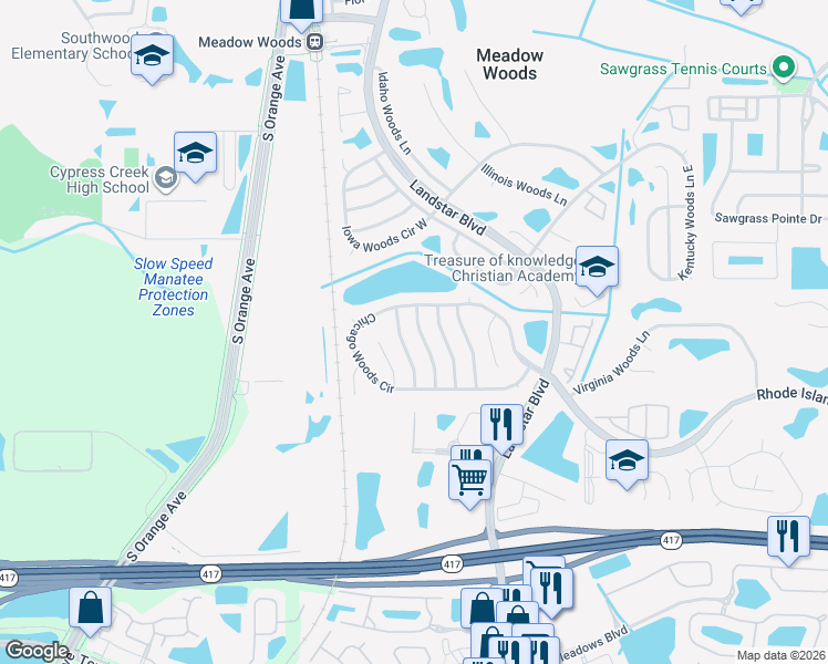 map of restaurants, bars, coffee shops, grocery stores, and more near 13007 San Diego Woods Lane in Orlando