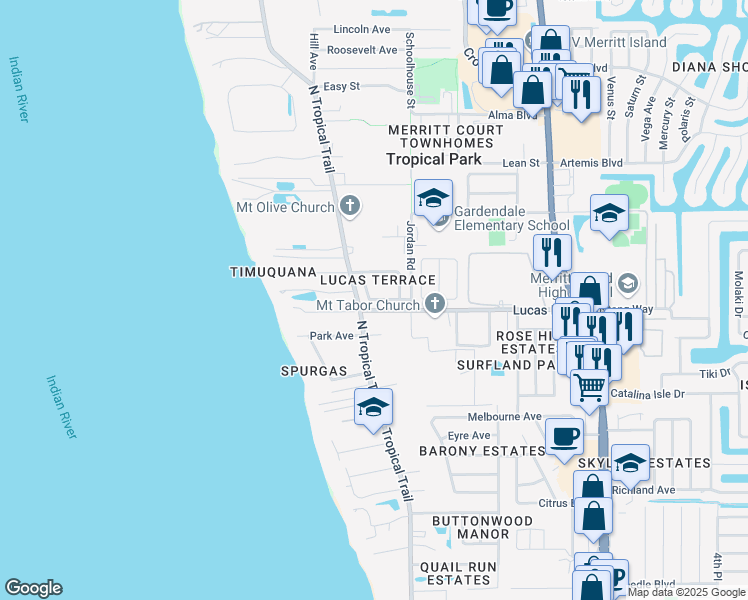 map of restaurants, bars, coffee shops, grocery stores, and more near 470 Oxford Avenue in Merritt Island