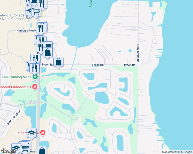 map of restaurants, bars, coffee shops, grocery stores, and more near 9945 Chorlton Circle in Orlando