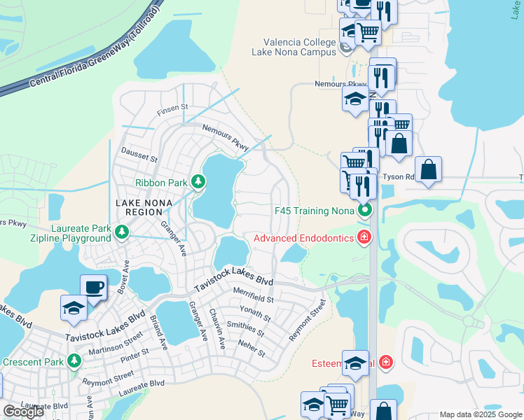 map of restaurants, bars, coffee shops, grocery stores, and more near 9414 Haber Court in Orlando