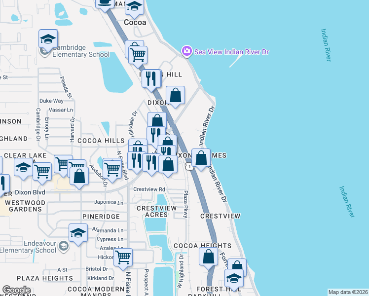 map of restaurants, bars, coffee shops, grocery stores, and more near 1206 North Cocoa Boulevard in Cocoa