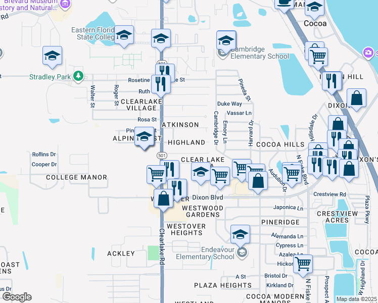 map of restaurants, bars, coffee shops, grocery stores, and more near 1450 Loring Street in Cocoa