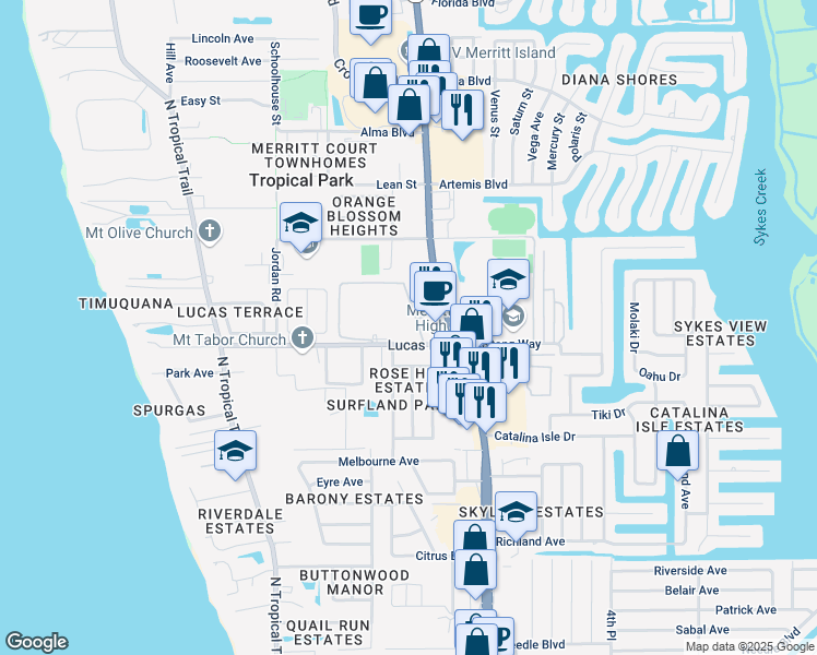 map of restaurants, bars, coffee shops, grocery stores, and more near 1155 North Courtenay Parkway in Merritt Island