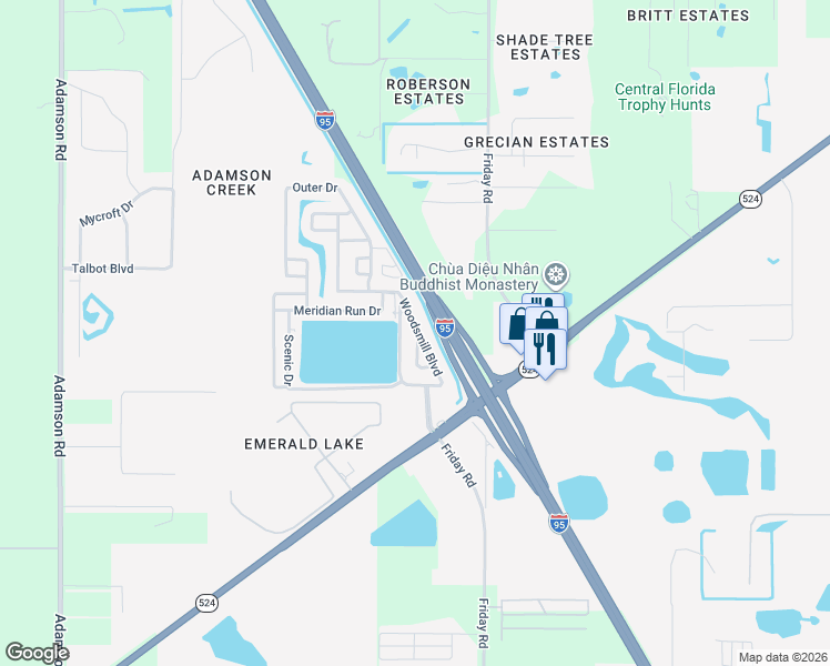 map of restaurants, bars, coffee shops, grocery stores, and more near 158 Woodsmill Boulevard in Cocoa