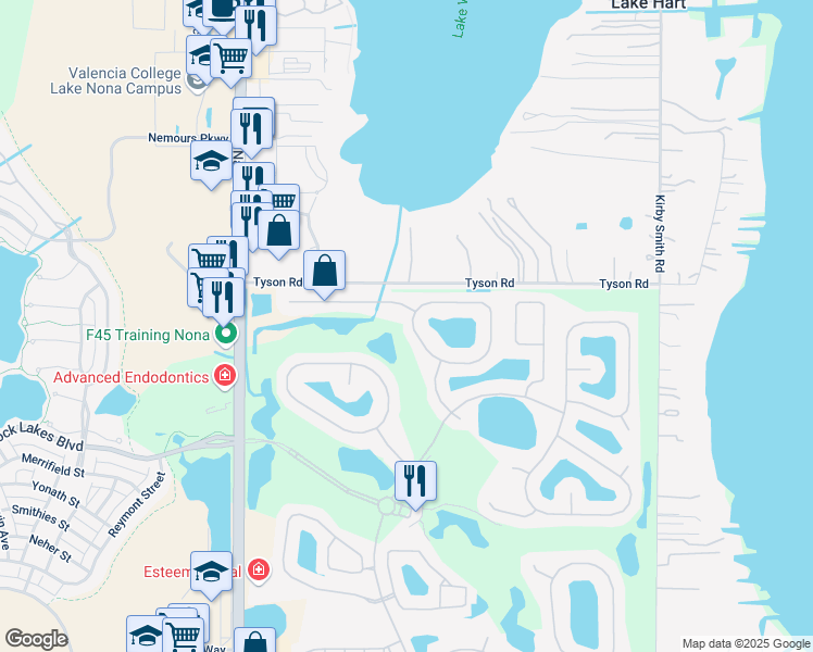 map of restaurants, bars, coffee shops, grocery stores, and more near 10330 Malpas Point in Orlando