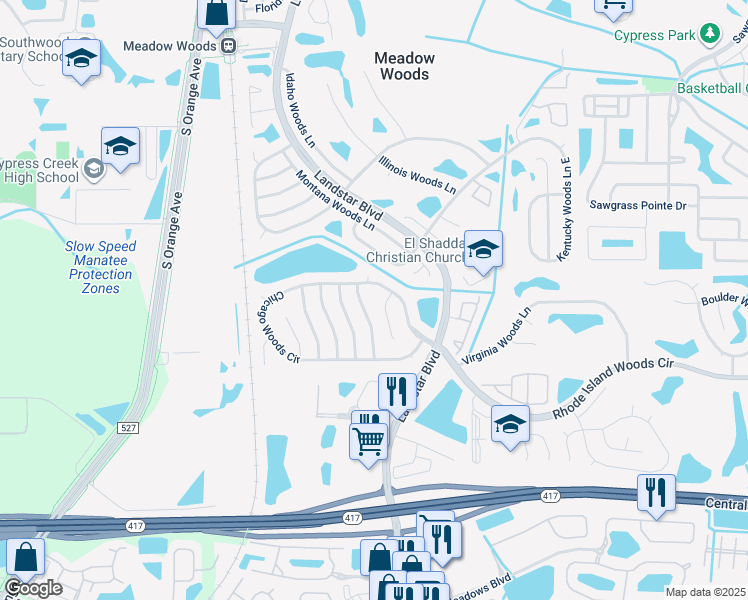 map of restaurants, bars, coffee shops, grocery stores, and more near 430 Chicago Woods Circle in Orlando