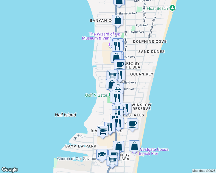 map of restaurants, bars, coffee shops, grocery stores, and more near 291 Cape Shores Circle in Cape Canaveral