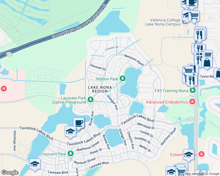 map of restaurants, bars, coffee shops, grocery stores, and more near 13308 Stoddart Avenue in Orlando