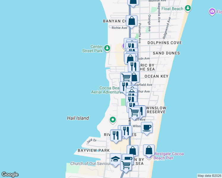 map of restaurants, bars, coffee shops, grocery stores, and more near 12 Cape Shores Circle in Cape Canaveral