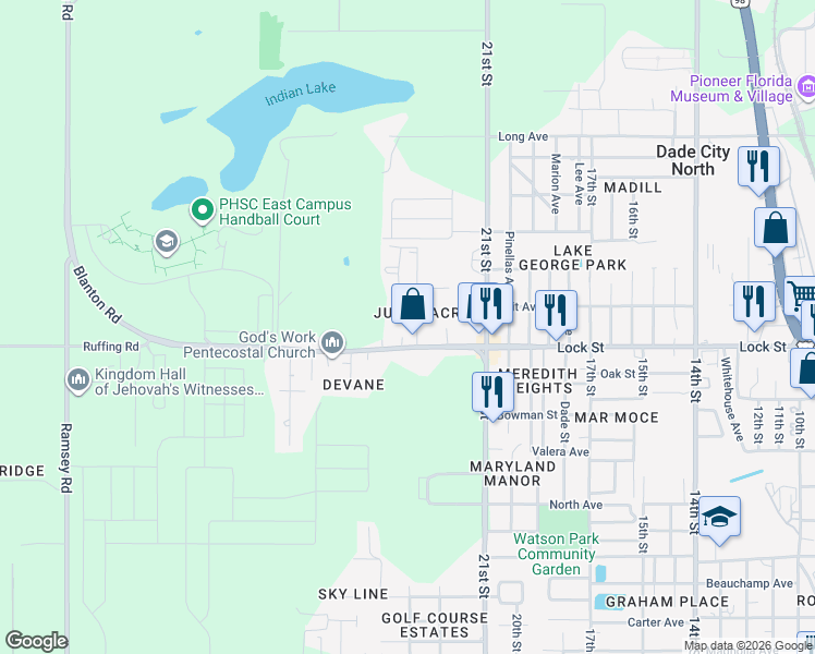 map of restaurants, bars, coffee shops, grocery stores, and more near 15031 Byron Street in Dade City