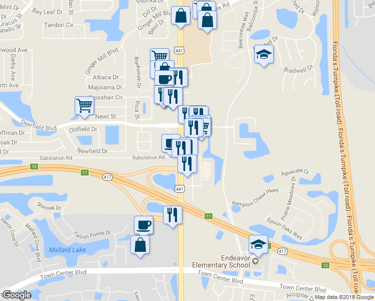 map of restaurants, bars, coffee shops, grocery stores, and more near 13043 South Orange Blossom Trail in Orlando