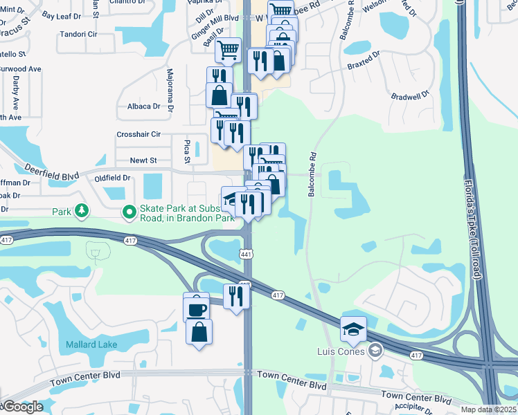 map of restaurants, bars, coffee shops, grocery stores, and more near 13043 Orange Blossom Trail in Orlando