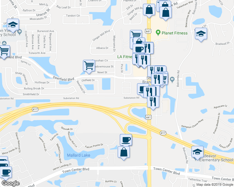 map of restaurants, bars, coffee shops, grocery stores, and more near 12650 Newfield Drive in Orlando