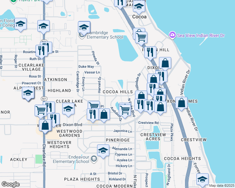 map of restaurants, bars, coffee shops, grocery stores, and more near 1402 Audubon Drive in Cocoa
