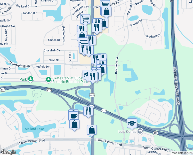 map of restaurants, bars, coffee shops, grocery stores, and more near 13043 South Orange Blossom Trail in Orlando