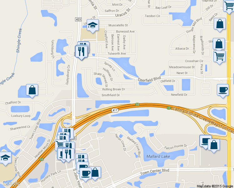 map of restaurants, bars, coffee shops, grocery stores, and more near 2715 Smithfield Drive in Orlando