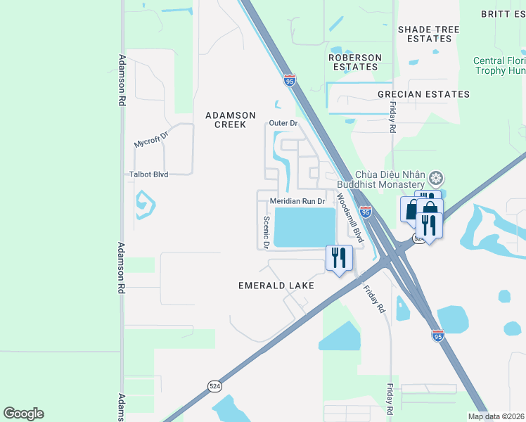 map of restaurants, bars, coffee shops, grocery stores, and more near 222 Scenic Drive in Cocoa