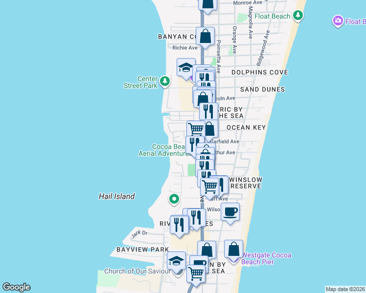 map of restaurants, bars, coffee shops, grocery stores, and more near 131 Tranquility Way in Cape Canaveral