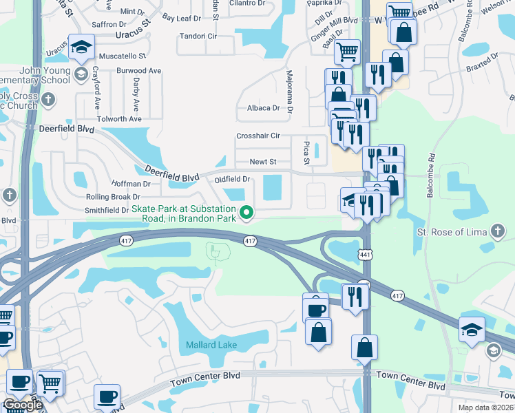 map of restaurants, bars, coffee shops, grocery stores, and more near 12682 Newfield Drive in Orlando