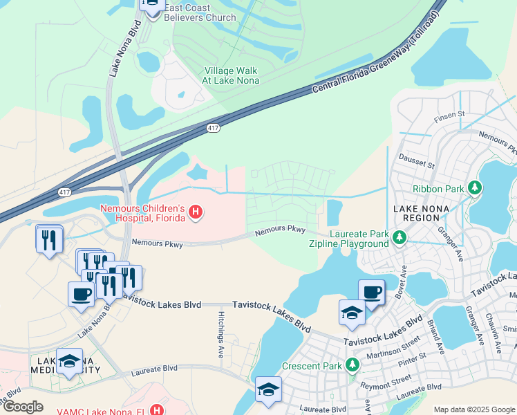 map of restaurants, bars, coffee shops, grocery stores, and more near 13869 Lippman Alley in Orlando