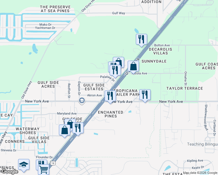 map of restaurants, bars, coffee shops, grocery stores, and more near 15127 U.S. 19 in Hudson