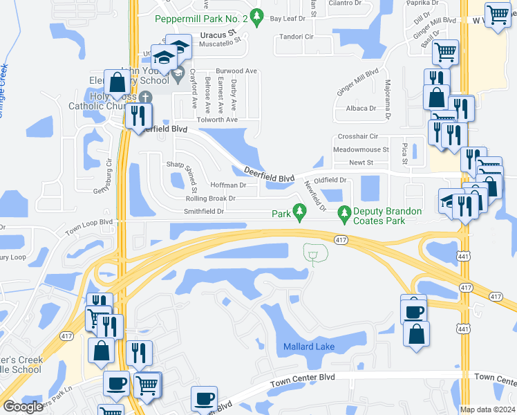 map of restaurants, bars, coffee shops, grocery stores, and more near 2567 Smithfield Drive in Orlando