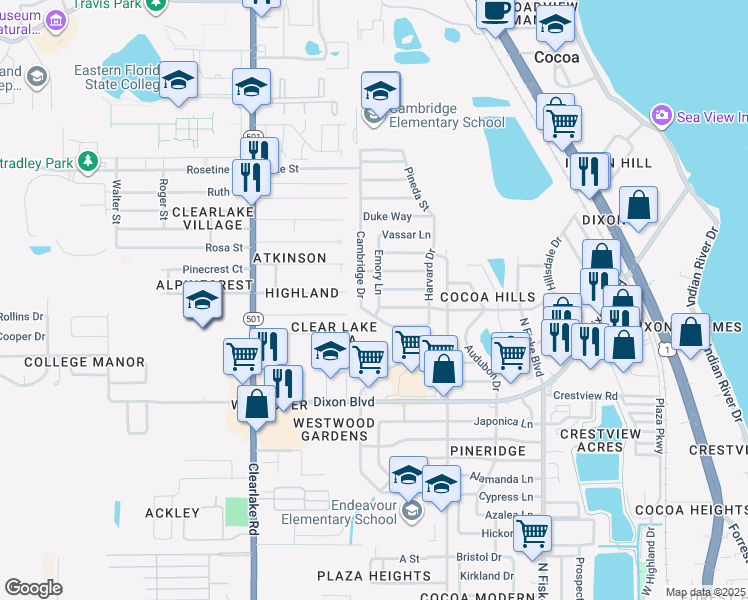 map of restaurants, bars, coffee shops, grocery stores, and more near 1503 Emory Lane in Cocoa
