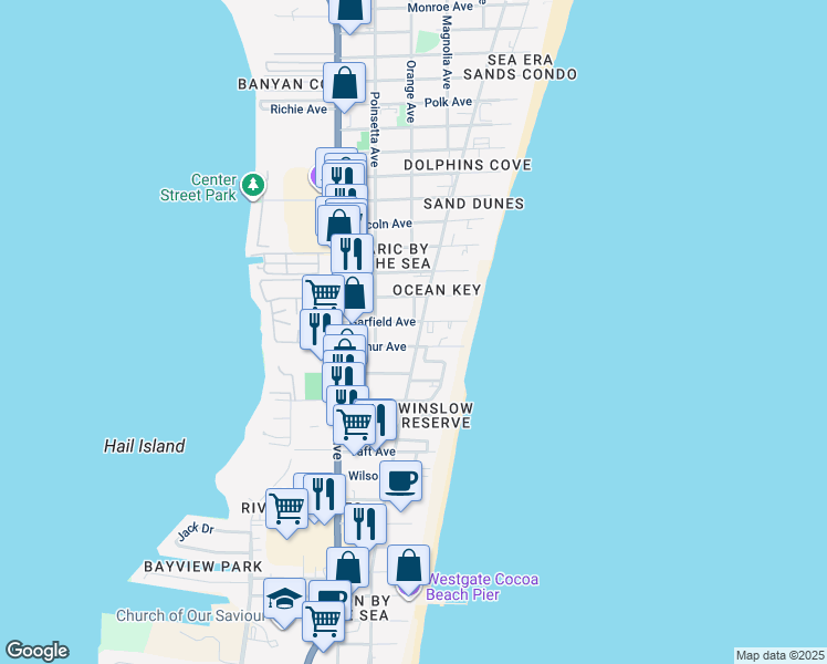 map of restaurants, bars, coffee shops, grocery stores, and more near 6507 Ridgewood Avenue in Cocoa Beach