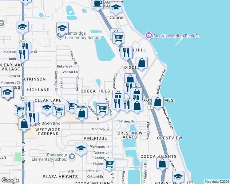 map of restaurants, bars, coffee shops, grocery stores, and more near 901 Westview Drive in Cocoa