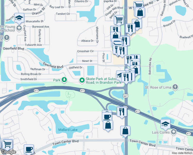 map of restaurants, bars, coffee shops, grocery stores, and more near 12650 Newfield Drive in Orlando