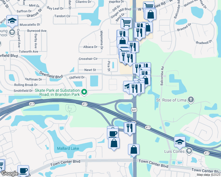 map of restaurants, bars, coffee shops, grocery stores, and more near 12961 Broakfield Circle in Orlando