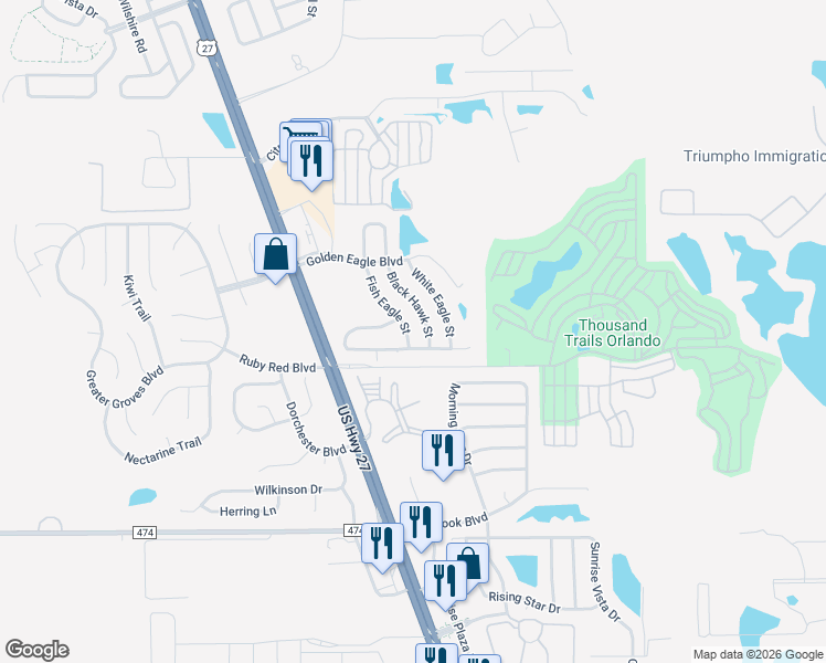map of restaurants, bars, coffee shops, grocery stores, and more near 2033 Fish Eagle Street in Clermont