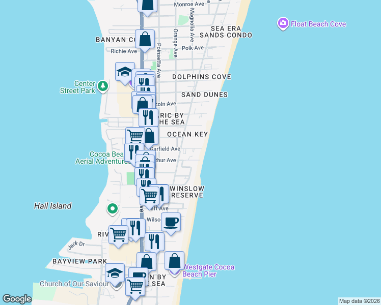 map of restaurants, bars, coffee shops, grocery stores, and more near 330 Arthur Avenue in Cocoa Beach