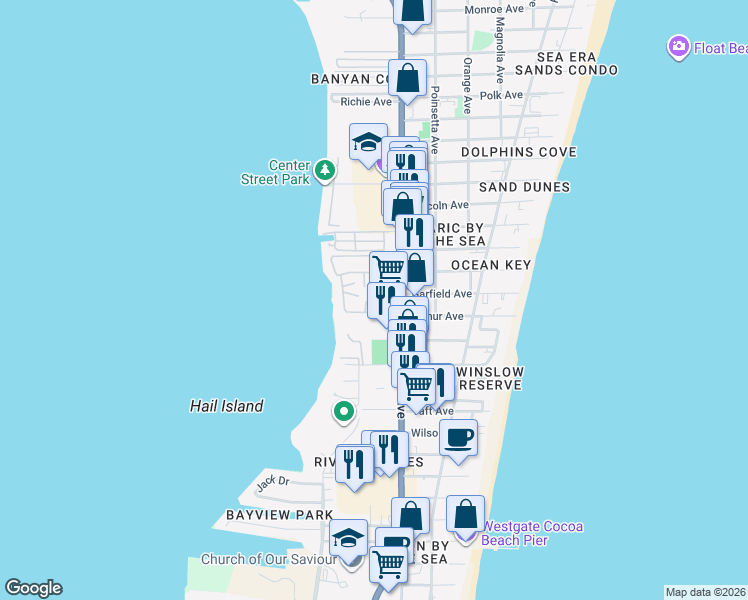 map of restaurants, bars, coffee shops, grocery stores, and more near 131 Tranquility Way in Cape Canaveral