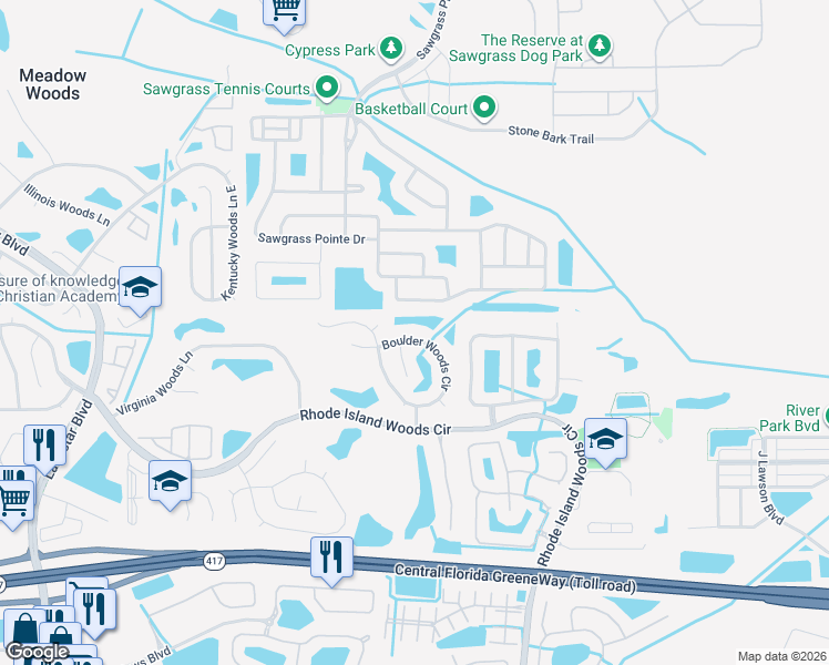 map of restaurants, bars, coffee shops, grocery stores, and more near 13338 Boulder Woods Circle in Orlando