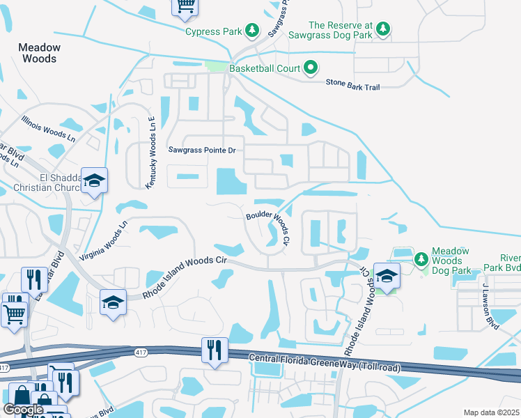 map of restaurants, bars, coffee shops, grocery stores, and more near 13346 Boulder Woods Circle in Orlando