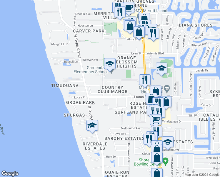 map of restaurants, bars, coffee shops, grocery stores, and more near 1155 King Street in Merritt Island