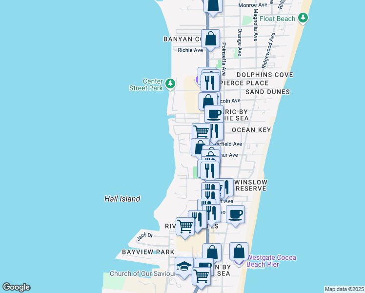 map of restaurants, bars, coffee shops, grocery stores, and more near 12 Cape Shores Circle in Cape Canaveral