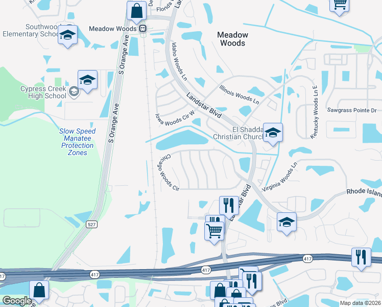 map of restaurants, bars, coffee shops, grocery stores, and more near 13007 San Diego Woods Lane in Orlando