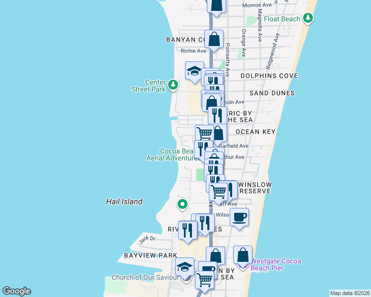 map of restaurants, bars, coffee shops, grocery stores, and more near 12 Cape Shores Circle in Cape Canaveral