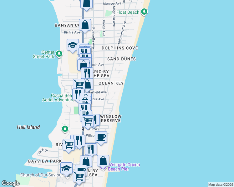map of restaurants, bars, coffee shops, grocery stores, and more near 545 Garfield Avenue in Cocoa Beach