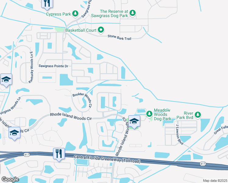 map of restaurants, bars, coffee shops, grocery stores, and more near 1373 Carey Glen Circle in Orlando