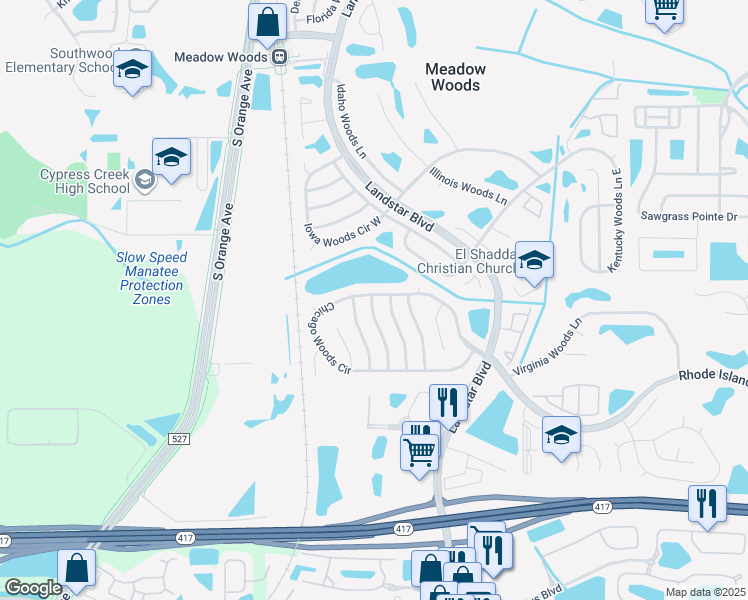 map of restaurants, bars, coffee shops, grocery stores, and more near 13007 San Diego Woods Lane in Orlando