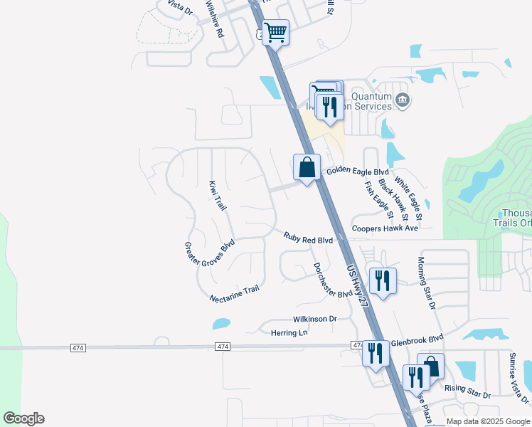 map of restaurants, bars, coffee shops, grocery stores, and more near 2142 Pekoe Court in Clermont