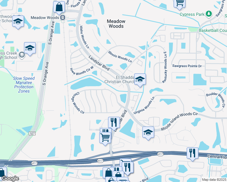 map of restaurants, bars, coffee shops, grocery stores, and more near 439 Chicago Woods Circle in Orlando