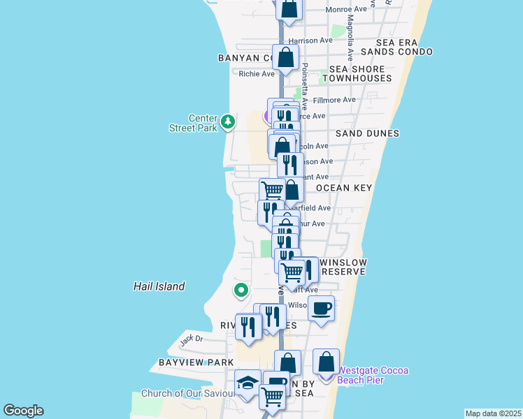 map of restaurants, bars, coffee shops, grocery stores, and more near 101-199 Tranquility Way in Cape Canaveral